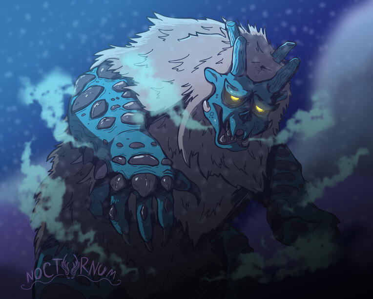 Goss Harag from Monster Hunter (Rise) approaches in the night snow. Its eyes glowing an eerie yellow in the mist of its icy breath.