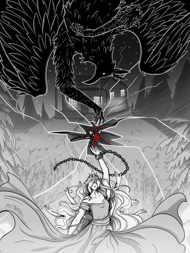 Slay the Princess art of the Long Quiet at the top and the Princess at the bottom, both reaching towards each other with the Pristine Blade shattered in the middle with blood. The background of the cabin cracked and falling apart, reality broken.
