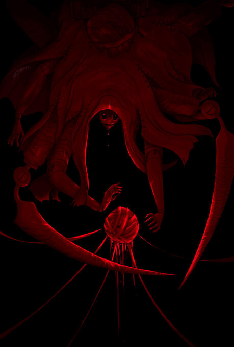 Soul Weaver/Violetta from Identity V suspended from above with her "webs" below, all in various shades of red.